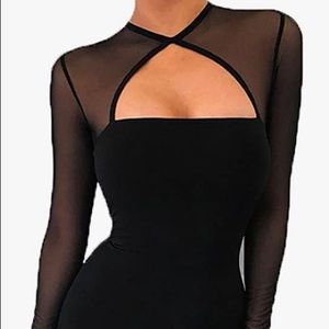 Transparent Long Sleeve Black Bodycon midi dress